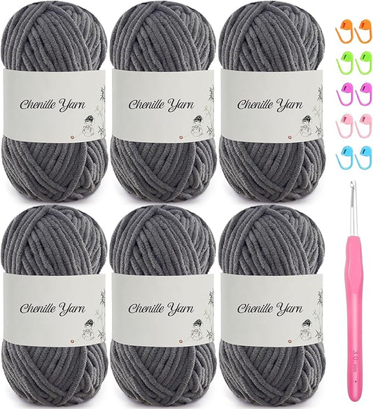SIMEIQI 6 Pack of 1.76oz Chenille Yarn for Crocheting,60yards Soft Fluffy Velvet Yarn, Ideal Crochet for DIY Baby Blankets Toys Scarves Throw Pillows Hats Cushions(Grey)