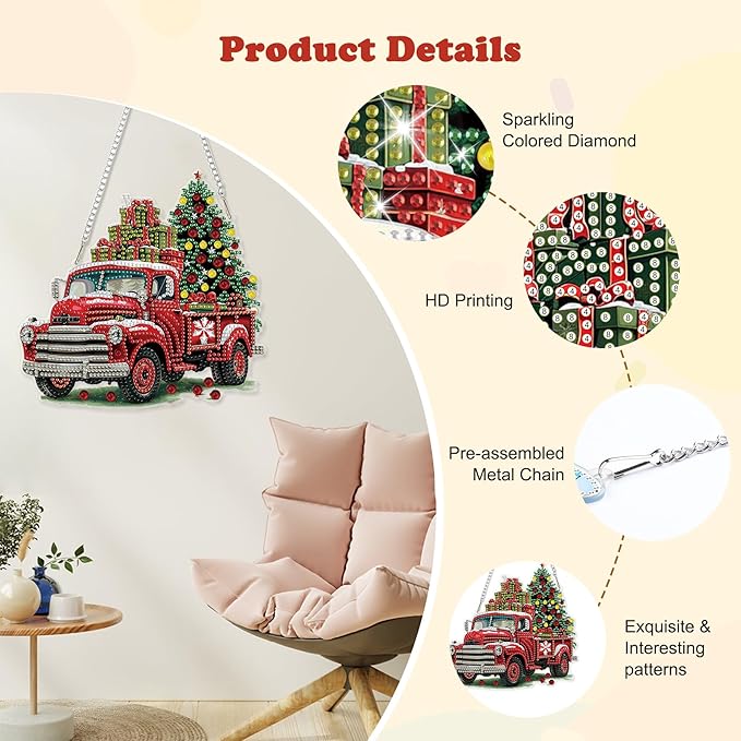 HEIBAGO Red Truck Diamond Art Hanging Kits for Adults Kids, 5D Special Shaped Crystal Diamond Painting Kit, DIY Pattern Window Pendant Gem Art Kit for Home Wall Decor 8.3 x 8.3 Inch