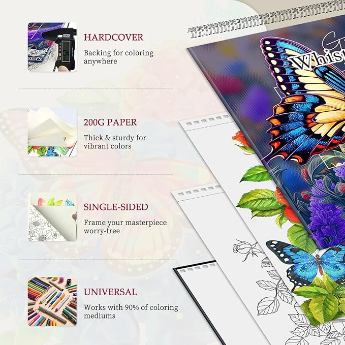 Butterfly Coloring Book for Adults: 50 Relaxing Patterns with Spiral Bound Hardcover & 36 Dual-Tip Markers - Mindfulness Arts and Crafts Gift for Women