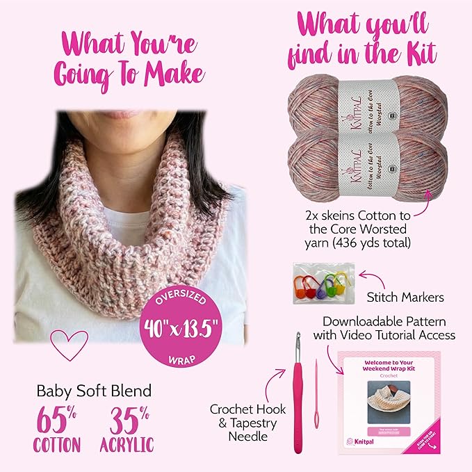 KnitPal Crochet Weekend Wrap Kit for Confident Beginners – All-in-One Crochet Kit with Cotton Blend Yarn, Hook, Pattern & Video Tutorials (Baby Pink)