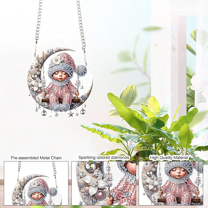 AiYuanzsh Christmas Baby on Moon Diamond Painting Hanging Kit, DIY 5D Acrylic Diamond Art Pendant with Special Shaped Rhinestones, Elegant Wall or Window Decoration, Handmade Craft Gift for Adults