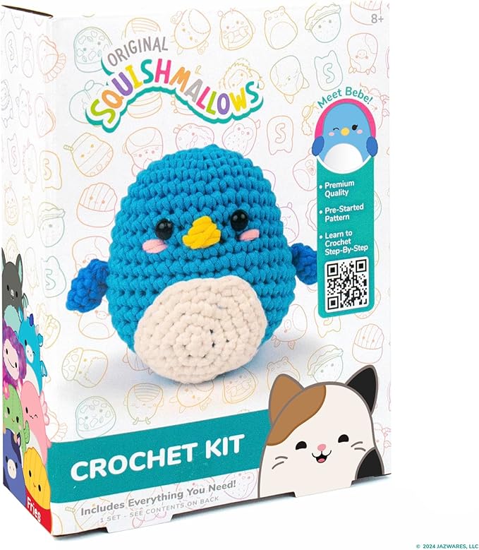 Original Squishmallows Bebe the Bluebird Crochet Kit, Includes Yarn, Crochet Hook, Starter Hooks, Step-By-Step Tutorials, Exclusive Crochet Kit For Beginners, DIY Craft, Crochet Kits, Great Teen Gifts