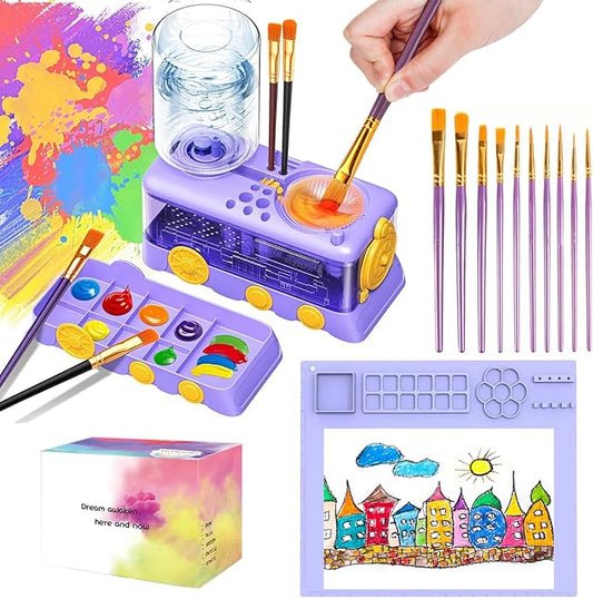 Paint Brush Cleaning Kit for Kids with 5 Brushes, Art Smock, Washable Mat, Guidebook, Spiral Brush Cleaner Jar for Watercolor(Purple)