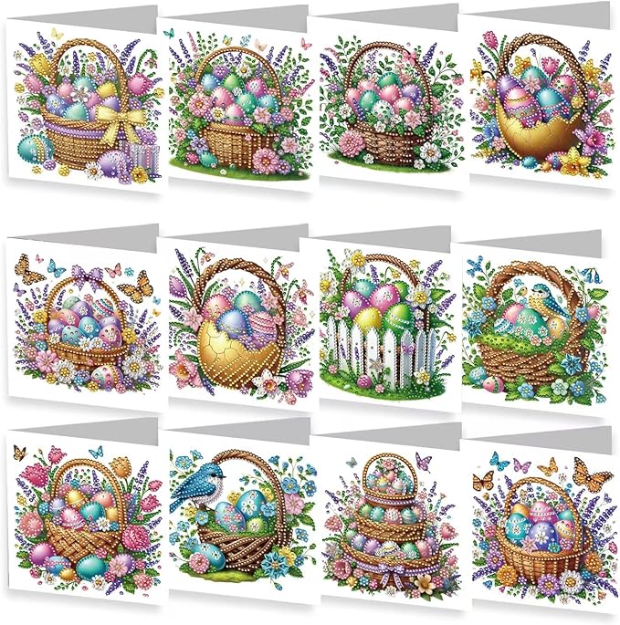 12 Pack 5D DIY Diamond Painting Greeting Cards Kit, Diamond Art Easter Cards with Envelope, Easter Crafts for Adults (Easter Eggs)