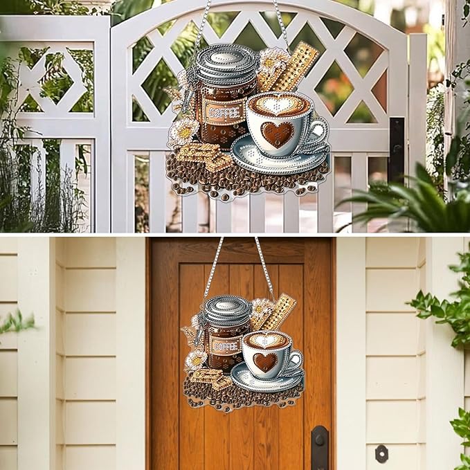 MXJSUA Coffee Special Shaped Hanging Diamond Painting Art Kits for Adults, Crystal Rhinestone Acrylic Gem Art Pendant Ornaments Kit for Home Decor and Gift 7.87 * 7.87 Inch