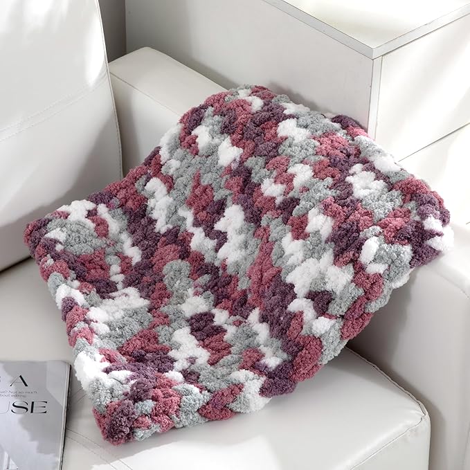 HOMBYS Chunky Tie Dye Mix Chenille Yarn for Hand Knitting, Super Bulky Jumbo Yarn for Crocheting, 3/4" Thick Soft Plush Yarn for Blankets, 8 Skein Pack (26 yds / 7.5 oz Each) Red Purple