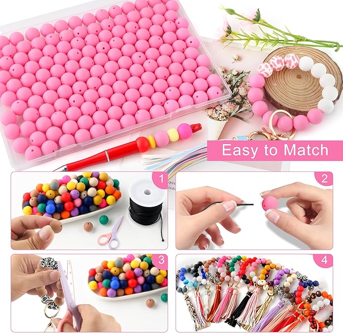 Silicone Beads, 150Pcs 15mm Round, Pink for Keychain Making, Bracelet Making, Necklace Making and Pens