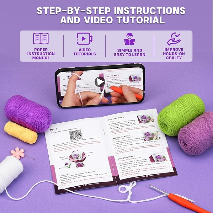 Iuuidu Crochet Kit for Beginners, Flower Bouquet Crochet Kit, Crochet Starter Kits with Step-by-Step Video Tutorials and Hook for Adults DIY Craft Birthday Wedding Present, Home Decor