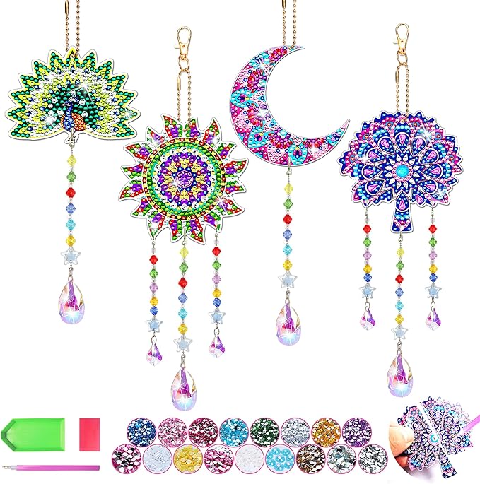 HYXBXSS 4pcs Diamond Art Kits, Birthday Gifts for Aged 14 and Above Year Old for Teen/Adults,Diamond Painting Wind Chimes Craft Kits, DIY Suncatcher Gem Art Kits Home Garden Decor
