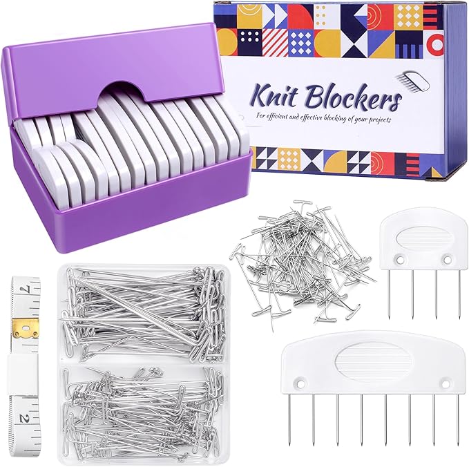 130 Pcs Knit Blockers Kits, Blocking Knit Combs Pins Set for Knitting, Knitting Tools Knitter Crochet, with Flexible Tape Measure Ruler, Silver T-Pins for Sewing Lace or Needlework Projects Device