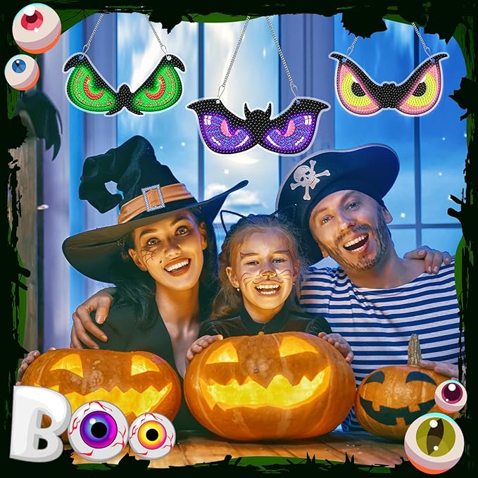 Chiisong 6 Pcs Halloween Diamond Art Painting Kit Hanging Sign Set Flashing Spooky Eyes Glow in The Dark Diamond Art Painting Kits Halloween Hanger Adult 5d DIY Craft for Wall Door Window Porch Decor