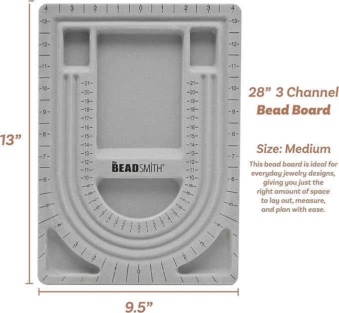 The Beadsmith Bead Board, Grey Flocked, 3 U-Shaped Channels, 6 Recessed Compartments, 9.5 x 13 inches, Design Boards for Creating Bracelets, Necklaces and Other Jewelry