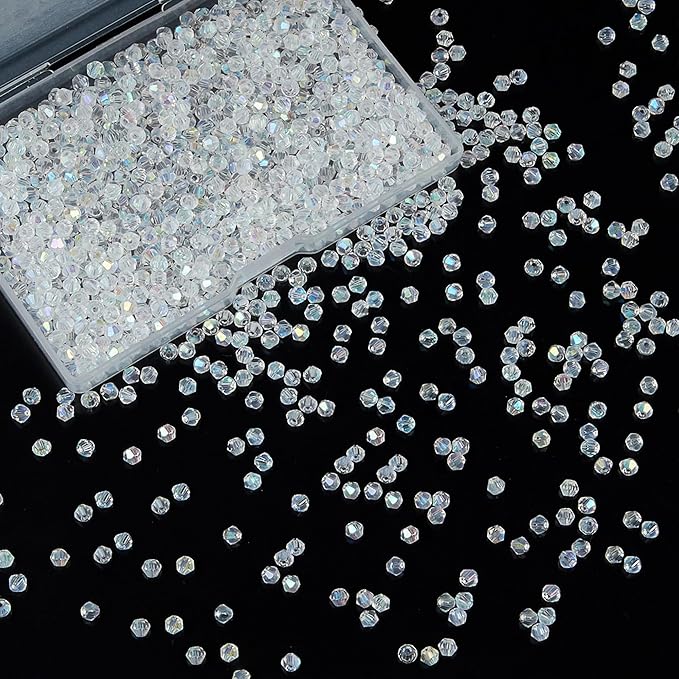 laopottbeads 1200pcs 3mm bicone crystal glass beads for jewelry making, sparkling mini beads for suncatchers, diy bracelets & craft projects (ab white)