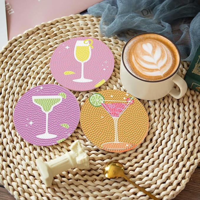 8Pcs Diamond Painting Coasters with Holder,DIY Cocktail Life Coaster Diamond Art Kits for Adults,Beginners Round Full Drill Diamond Art Craft Supplies