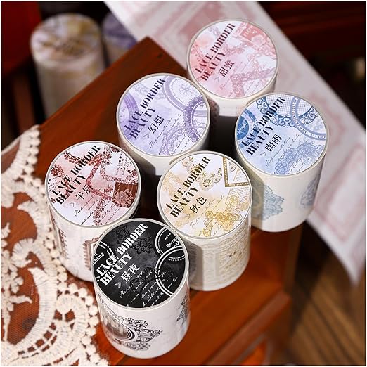 Vintage Pre-Cut Lace Border Circle Stickers Tape for Journaling, 6 Rolls White Kraft Paper Decorative Tapes Set, Frame Labels for Scrapbooking, Junk Journal Supplies, Collage, Card Making