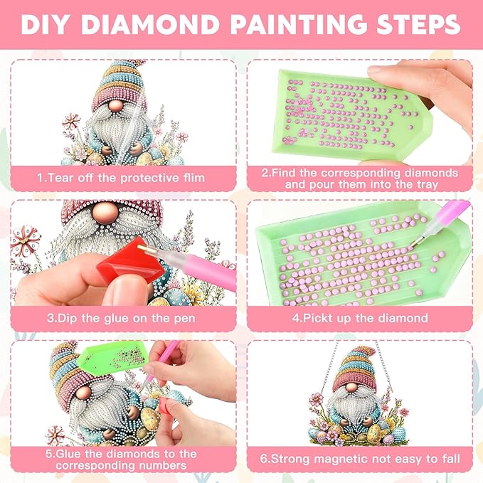NAIMOER Easter Gnome Diamond Art Hanging Kits for Adults, 5D Special Shaped Rhinestone, DIY Acrylic Spring Diamond Art Painting Window Pendants Home Garden Wall Hanging Ornament Kits, Double Sided