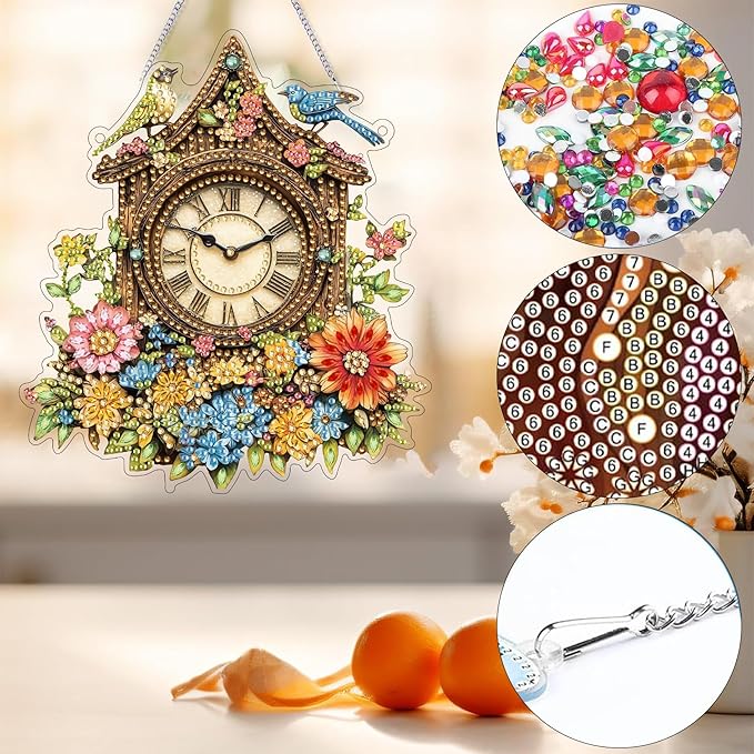 Bimkole Clock Diamond Art Hanging Kit for Adult, DIY 5D Diamond Art Flowers Window Pendant, Acrylic Crystal Art Hanging Ornament Home Wall Garden Front Door Sign Outdoor Decor 7.8x7.8 Inch