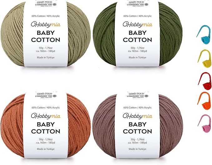 Baby Cotton Yarn Bundles for Crocheting - Each Ball is 50g / 180yds - (2) Fine, Sport Weight Yarn - Amigurumi Yarn, Crochet Thread - & 5 Stitch Makers (Nature - 1)