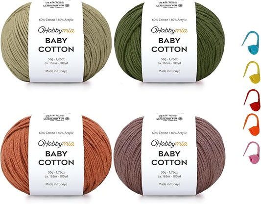 Baby Cotton Yarn Bundles for Crocheting - Each Ball is 50g / 180yds - (2) Fine, Sport Weight Yarn - Amigurumi Yarn, Crochet Thread - & 5 Stitch Makers (Nature - 1)