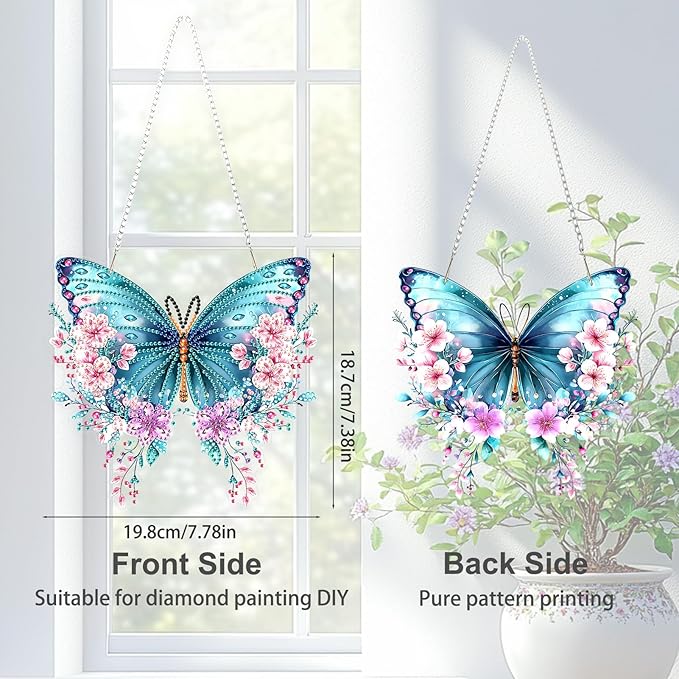 TOSTOG Diamond Art Hanging Kits for Adults, 5D Flowers Diamond Painting for Adults Window Pendant, Special Shape Diamonds DIY Lovely Butterfly Diamond Painting Hanging Pendant Kit for Wall Decor Gift