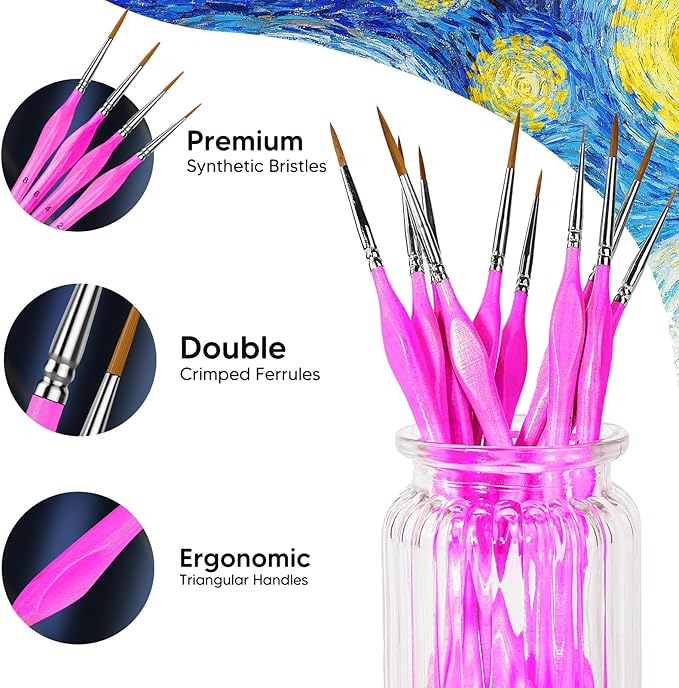10PC Miniature Paint Brush for Fine Detailing, Detail Paint Brush,Small Painting Brushes for Art, Crafts, Acrylic, Watercolor, Model, Face, Paint by Number, Figurine (Magenta)