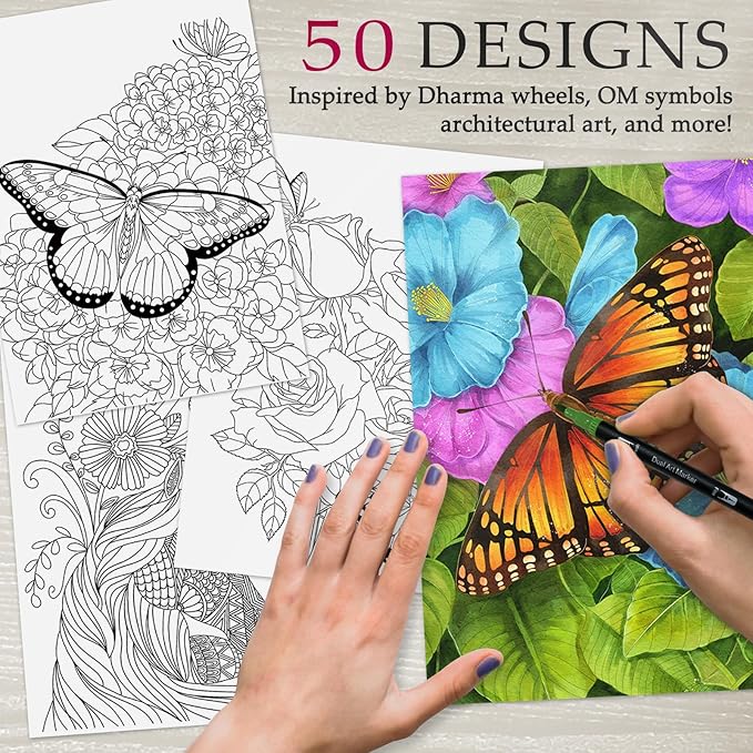 Butterfly Coloring Book for Adults: 50 Relaxing Patterns with Spiral Bound Hardcover & 36 Dual-Tip Markers - Mindfulness Arts and Crafts Gift for Women