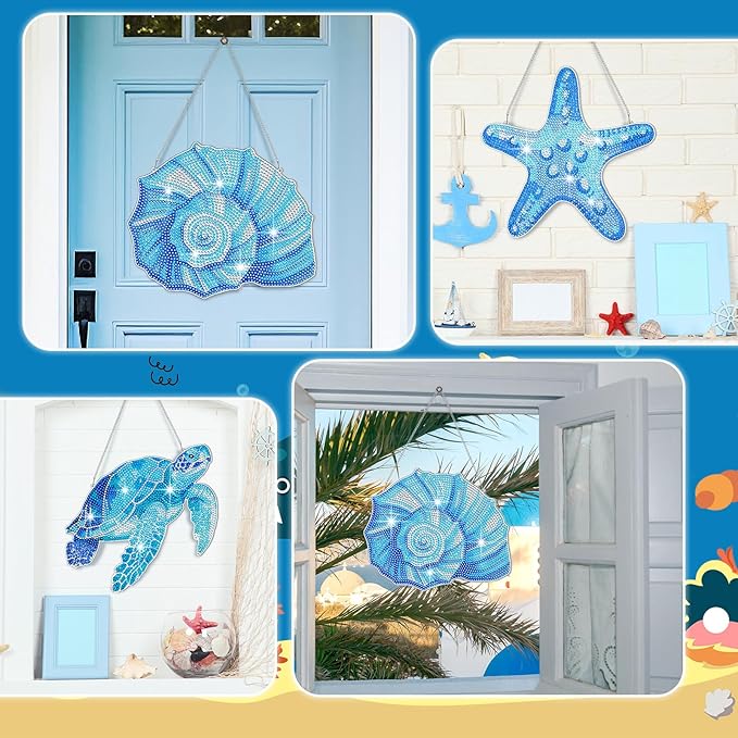 Yuefunny 3 Pcs Ocean Diamond Painting Hanging Kits, 5d DIY Coastal Diamond Art Turtle Starfish Door Sign, Summer Beach Hanging Decor for Home Garden Wall Window Under The Sea Party Favors
