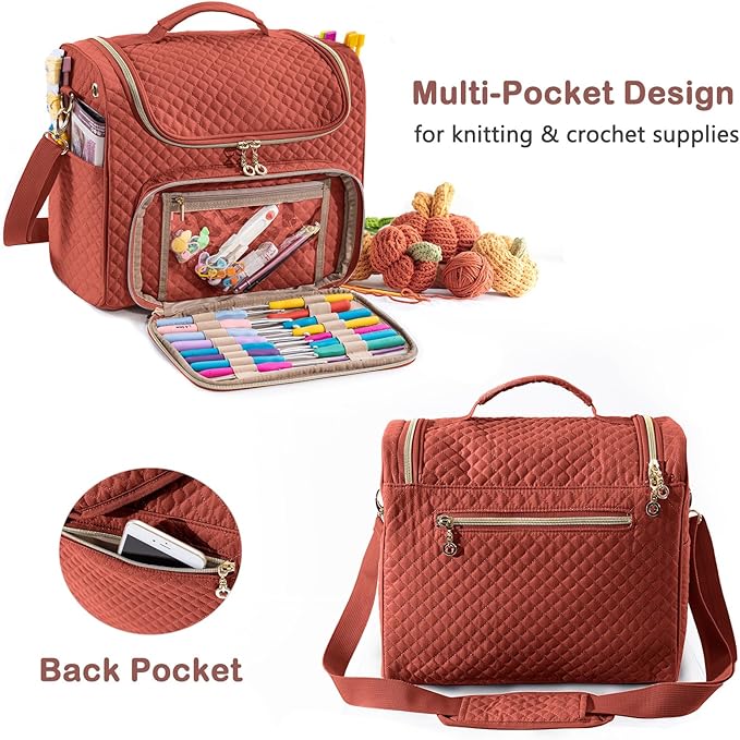 Crochet Bag Organizer, Quilted Storage Bag with Hanging Hook, Yarn Holder for Knitting & Crochet Accessories, Mother's Day Gift