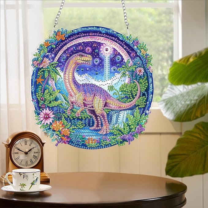 Yomiie DIY Double Sided Sun Catcher Window Hanging – Dinosaur Animal Diamond Painting Pendant Kits, 5D Acrylic Diamonds Hanging Craft for Adults, Diamond Art Ornament for Outdoor/Indoor Decor 8x8 inch