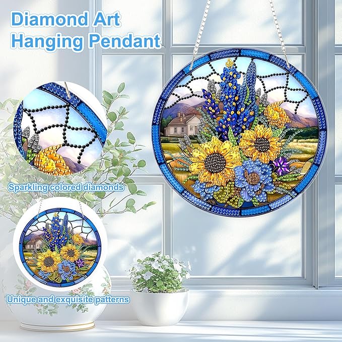 TOSTOG Diamond Art Hanging Kits for Adults, DIY Lavender Diamond Paintings for Adults Window Pendant, Special Shape Diamonds Sunflower Diamond Paintings Hanging Pendant Kit for Wall Decor Gift