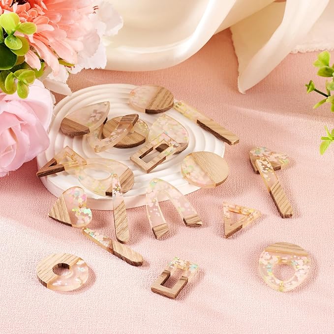 Beadthoven 20pcs/10 Pairs Resin Wood Charms DIY Earrings Pendants Pastel Color Sequin Resin Charms Mix Shape Wood Pieces for Statement Earrings Jewelry Making Necklace Ornaments DIY Supplies