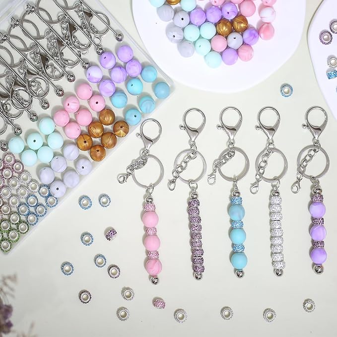 XKCWXY 84Pcs Beadable Keychains Set,Keychains Bulk for Keychain Making Accessories with beadable Keychain bar Silicone Beads Spacer Beads