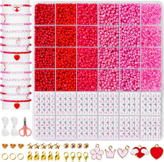 Goldwise Valentine’s Day Friendship Bracelet Kit for Adults – Pink Glass Seed Beads, 6 Unique Styles, Letter Beads and Charms, Romantic Jewelry Gift for Couples