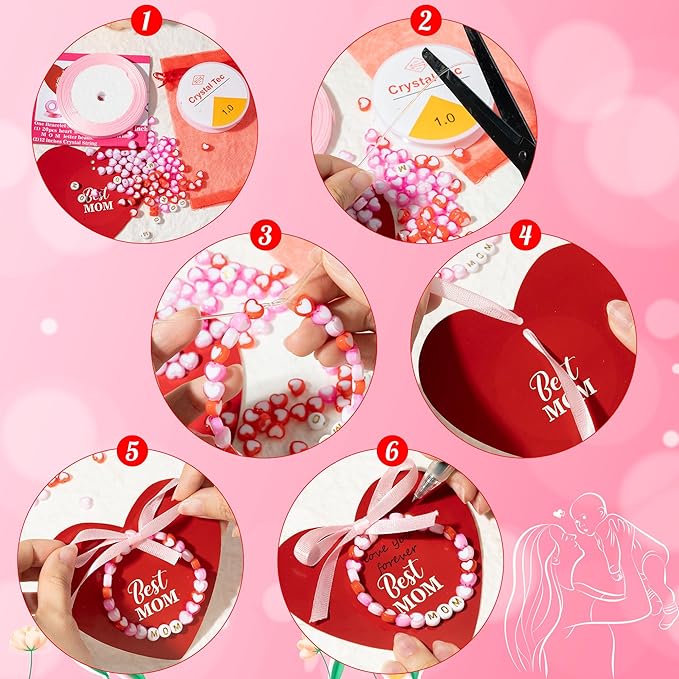 BeYumi Mom Bracelet Craft Kit - 24 Pack Mother's Day Mom Letter Heart Beads Bracelets with Heart Gift Cards and Bags DIY Thankful Craft Kit to Mothers School Classroom Party Fun Activities Ages 6-12