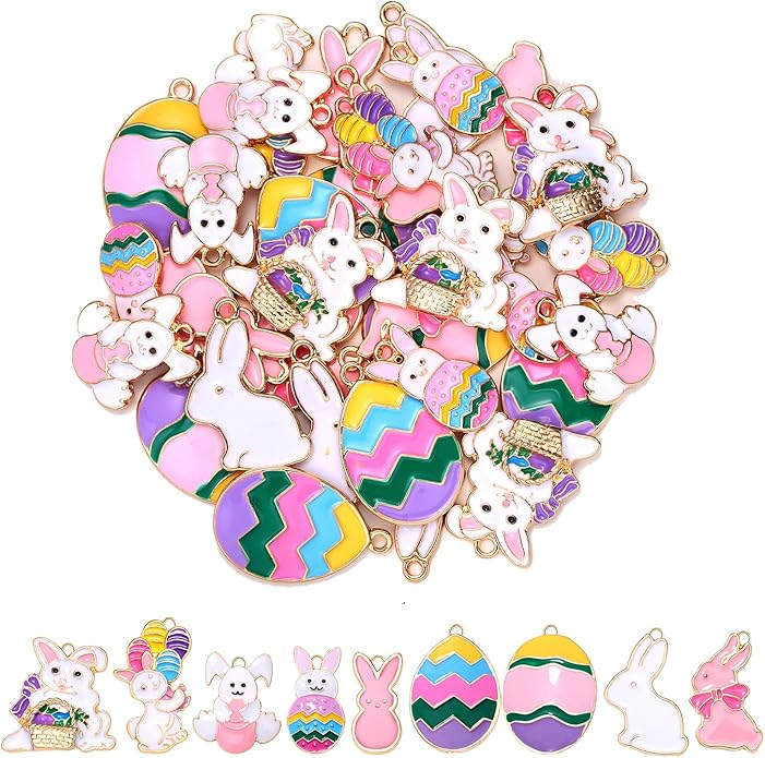 HEIDKRUEGER 36 Pieces Easter Charms Enamel Plated Bunny Colorful Egg Carrot Pendant Charms for Jewelry Making DIY Necklace Bracelet Earring