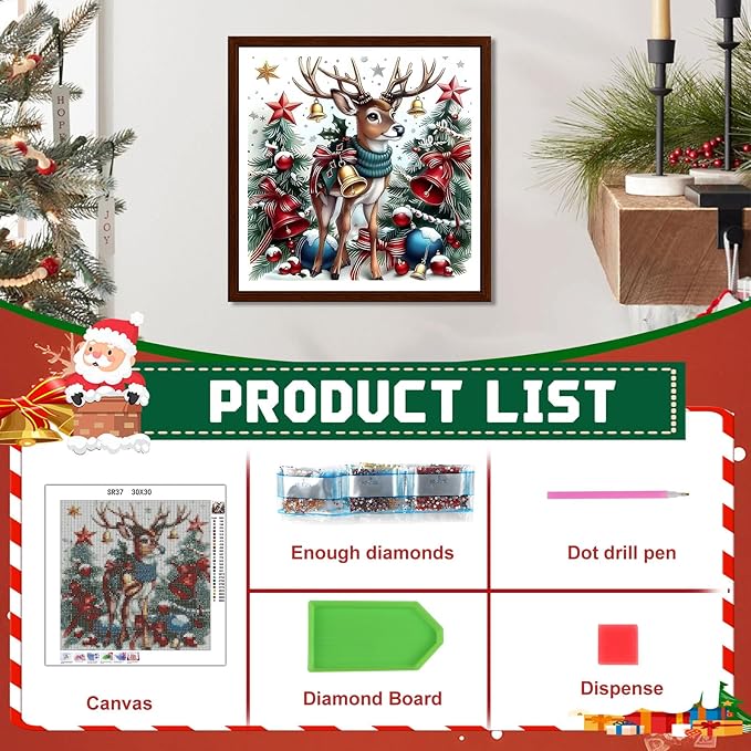 EMIEAUFG Christmas Diamond Art Kits for Adults, Christmas Deer Diamond Paiting Kit for Beginners, 5D DIY Round Full Drill Craft Diamond Dot Gem Art, Home Wall Decor 12" x 12"
