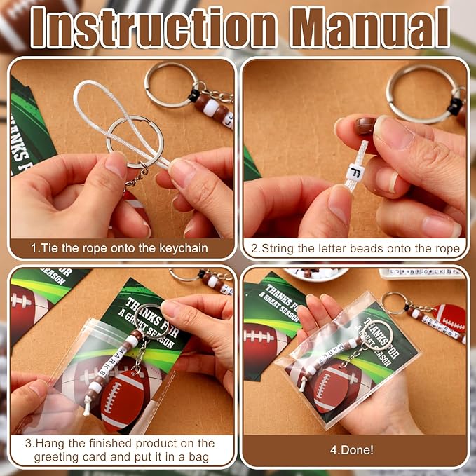 Suncalla 984 Pcs 24 Set Football Keychain Making Kit DIY Football Bag Tag Sport Key Chain Crafts Adjustable Letter Beads Cards Strings Kit Team Gift Accessories Party Favors for Adult(White Brown)