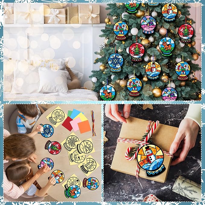 30 Pcs Christmas Snow Globe Suncatchers Paper Craft Set Snow Globe DIY Stained Glass Effect Tissue Paper Kits Gift Bulk for Xmas Classroom Activities Art Party Decor