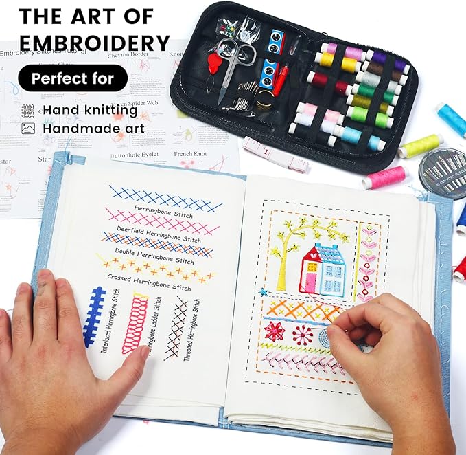 Drawnby Embroidery Stitch Book Kit, Large Size Stitch Book with Full Sewing Tools and Instructional Tutorial, Embroidery Kit for Beginners, Gift for Craft Lovers and Sew Enthusiast