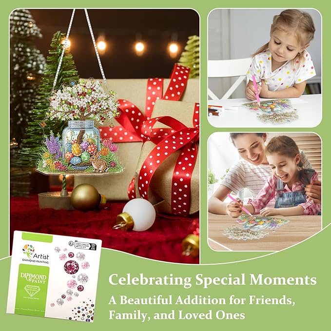 Lxmsja DIY Blossom Tree Jar Diamond Painting Hanging Ornament, Double-Sided Acrylic Bunny Flowers Diamond Art Kit, Special Shaped Suncatcher Hanging Pendant Window Art Kit
