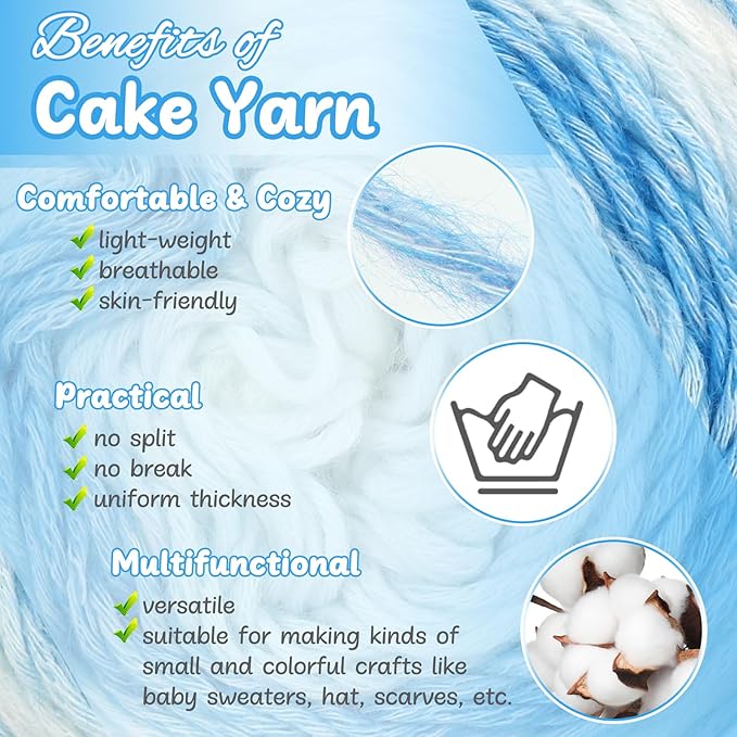 Aeelike Gradient Yarn for Crocheting, 3 Skeins Cake Yarns 100g (3.52 oz) 245m (267 Yards) # 3 Light Weight Super Soft Ombré Yarns for Making Blanket Scarves Sweaters, Blue White Gradient