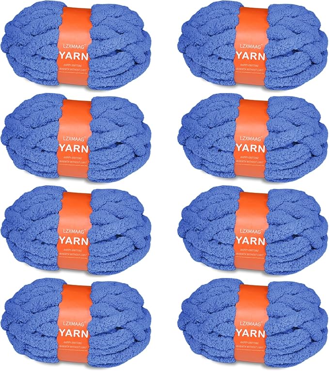 Chunky Yarn for Hand Knitting and Blankets – Super Soft Jumbo Chenille Yarn Pack for Crocheting, Bulky DIY Projects, 8 Skeins(Country Blue)