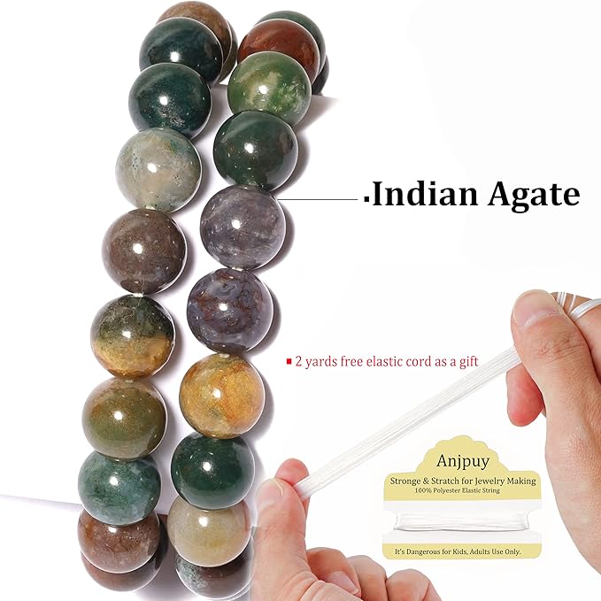 8mm Natural Indian Agate Round Bead - 45PCS Bulk Gemstone Beads for Jewelry Making, DIY Bracelets, Necklaces - Includes Crystal Stretch Cord - Beads for Crafting Gifts