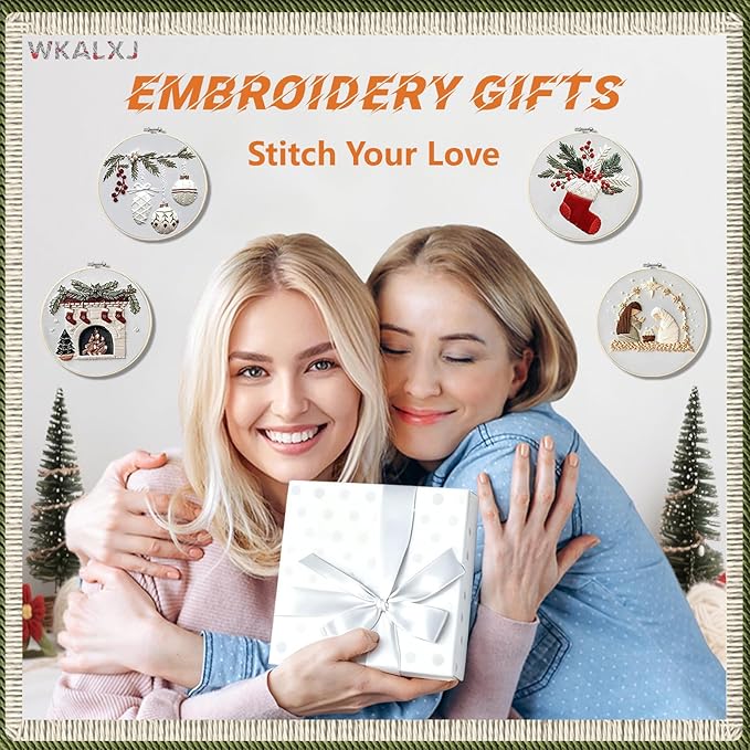 wkalxj 4 sets embroidery kits for beginners adults, cross stitch kits, needlepoint kits with instruction, video, needle point kits with holly fireplace stocking nativity patterns (4 sets a)