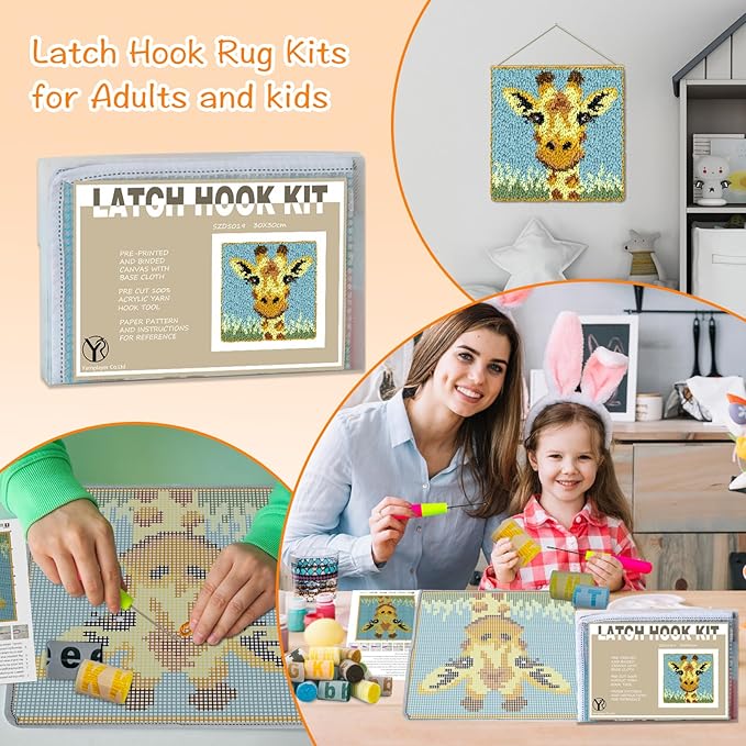 YP Latch Hook Rug Kits for Adults,Crochet Yarn Pre-Printed Cushion Embroidery Needlework Carpet DIY Tapestry Rug Making Kit for Family Decoration 12X12inch(Giraffe)