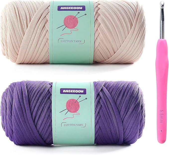 2 Skeins Tshirt Yarn for Crochet,Soft T Shirt Yarn for Crocheting Bag/Basket/Home Decor,Trapillo para Tejer a Crochet Bolsas with 1 Crochet Hook,Each Ribbon Yarn 7oz, 65yd (Beige+Purple)
