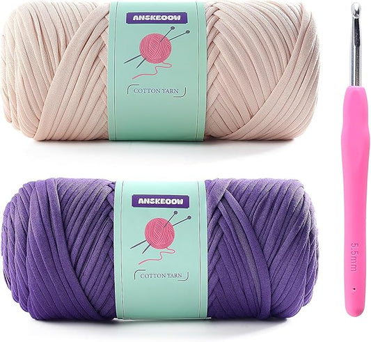 2 Skeins Tshirt Yarn for Crochet,Soft T Shirt Yarn for Crocheting Bag/Basket/Home Decor,Trapillo para Tejer a Crochet Bolsas with 1 Crochet Hook,Each Ribbon Yarn 7oz, 65yd (Beige+Purple)