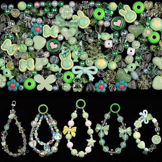 LAIDANLA Acrylic Green Beads for Keychain Making Green Cute Beads for Jewelry Bracelets Necklace Phone Charm Assorted Random Aesthetic Kawaii Kandi Bead Charms 160g