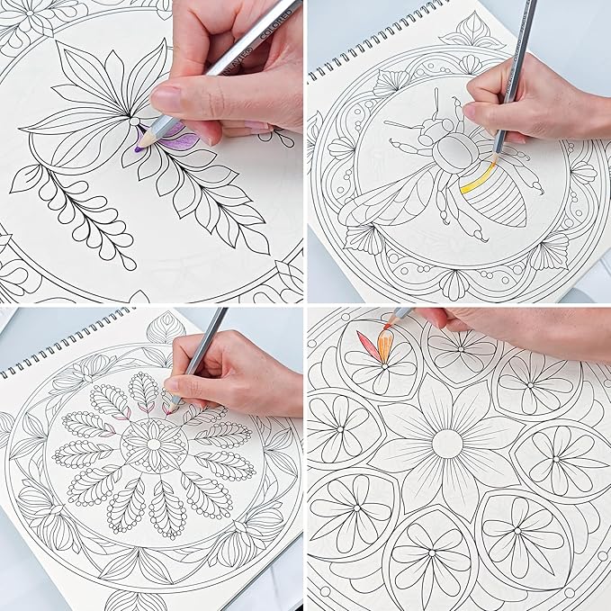 FUN LAVIE Adult Coloring Book - Mandala Coloring Books for Adults Relaxation and Teens Stress Relief, Featuring Large Print Mandalas Insect & Bloom Patterns for Women Mindfulness, Spiral Bound