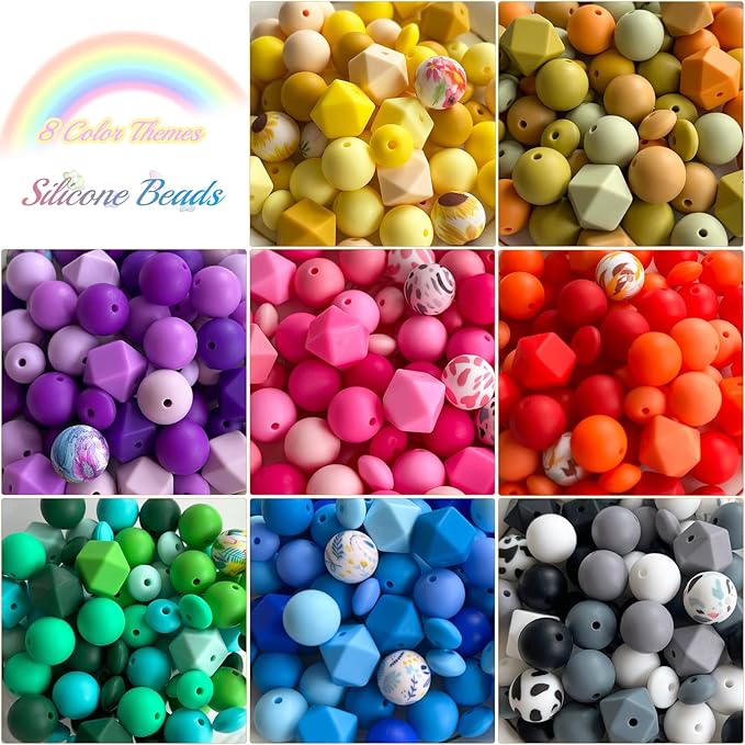 630pcs Silicone Beads for Keychain Making, 12mm 15mm Round 14mm Polygonal Bead 48 Colors Bulk Rubber Loose Beads for DIY Pens Necklace Bracelet Jewelry Making Kit